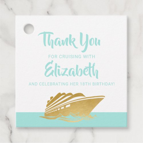 Cruise Birthday Personalized Teal and Gold Favor Tags