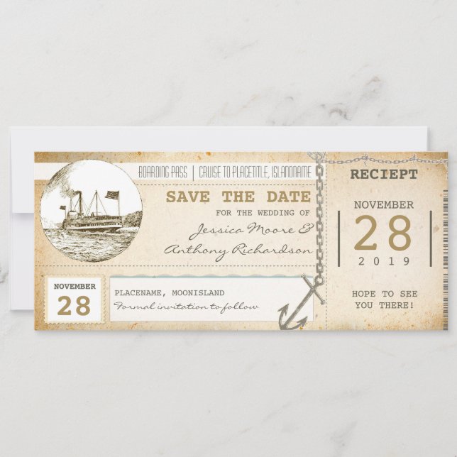 cruise boarding pass tickets for save the date (Front)