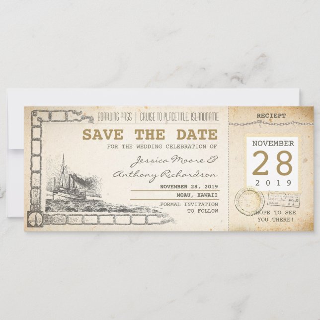 cruise boarding pass tickets for save the date (Front)