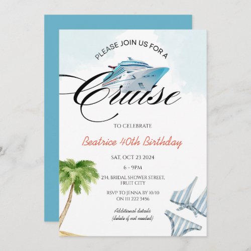 Cruise Ship 40th 50th 60th Birthday Trip Any Age Invitation