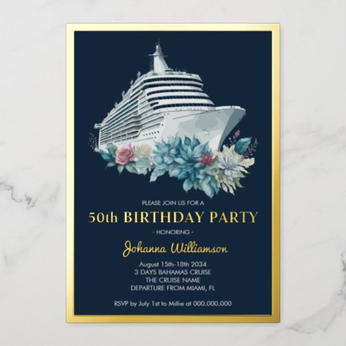 Cruise Ship 50th Birthday Party Gold Foil Invitation