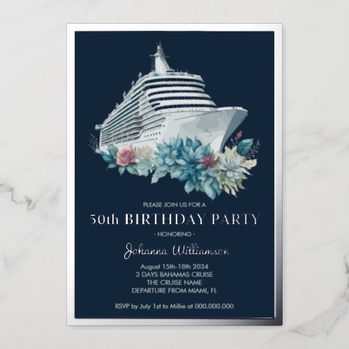 Cruise Ship 50th Birthday Party Luxury Silver Foil Invitation