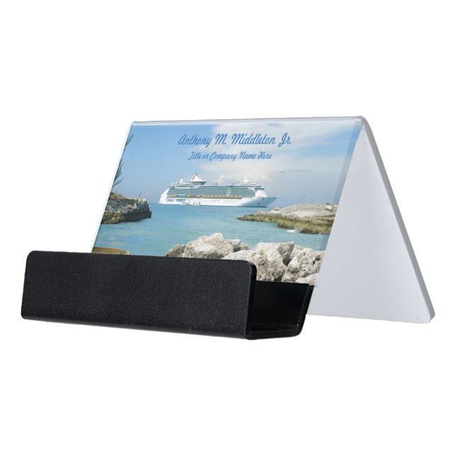 Cruise Ship at CocoCay CH1P Personalized Desk Business Card Holder (Angled Front)
