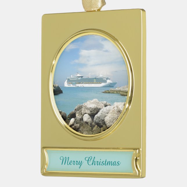 Cruise Ship at CocoCay Gold Plated Banner Ornament (Left)