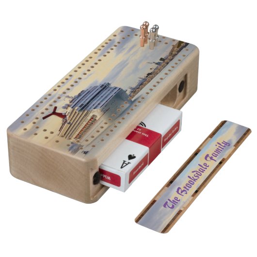 Cruise Ship at Twilight Personalized Wood Cribbage Board (Angled)