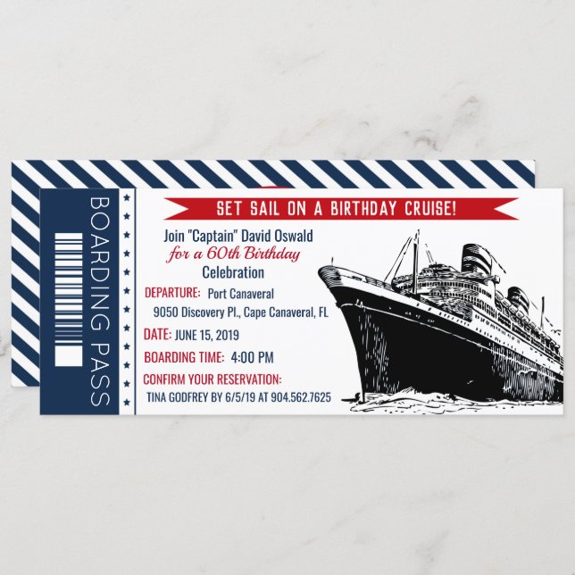 Cruise Ship Boarding Pass Birthday Invitation (Front/Back)