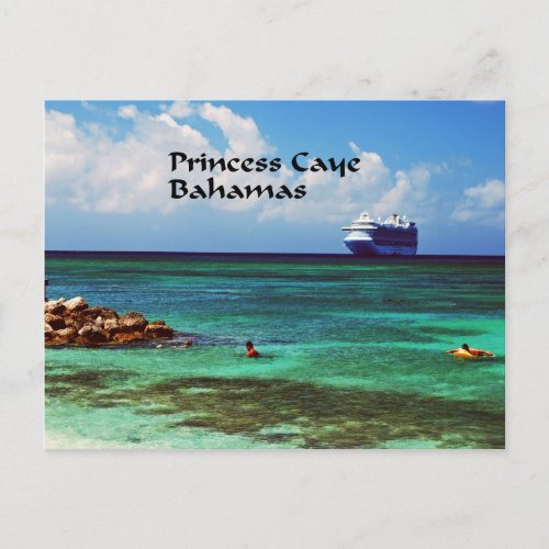 Cruise ship docked at a tropical exotic island postcard