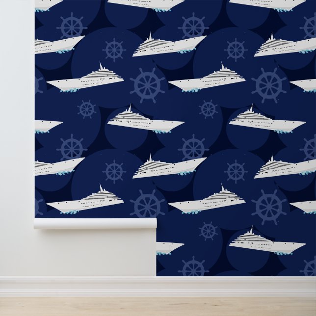 Cruise Ship Nautical Navy Blue and White Pattern Wallpaper (Application)