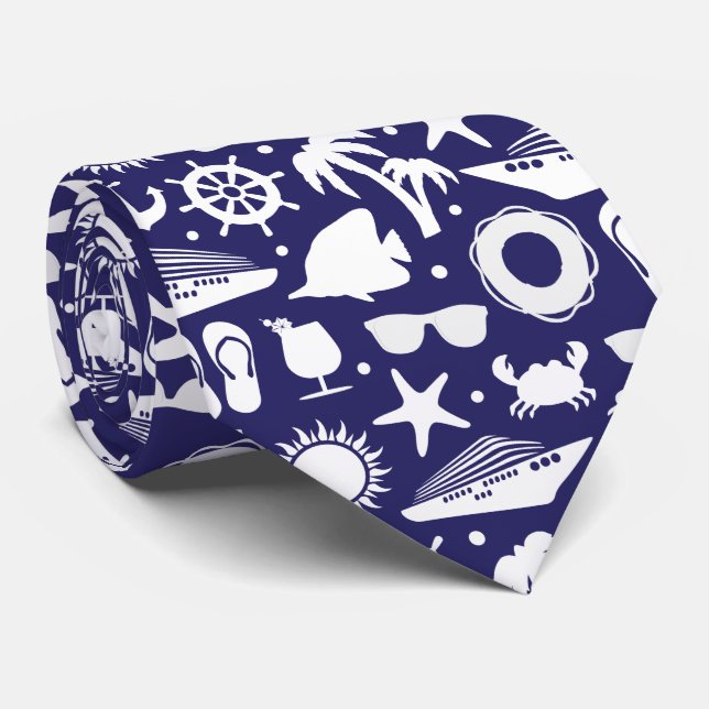 Cruise Ship Nautical Navy Blue and White Patterned Neck Tie (Rolled)