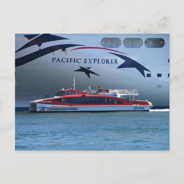 Cruise Ship Pacific Explorer and Smaller Boat Postcard (Front)