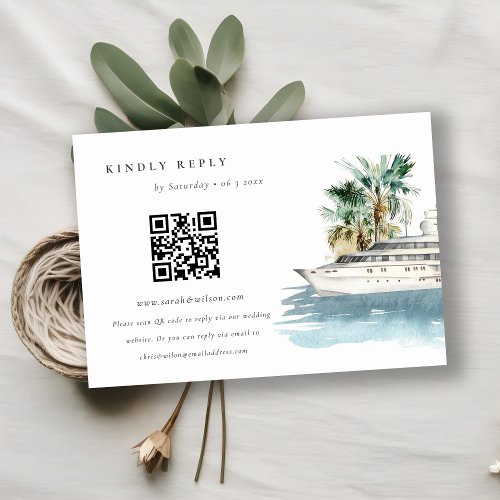 Cruise Ship Palm Seascape Wedding QR Code RSVP Enclosure Card