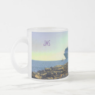 Cruise Ship Passing Jetties Monogrammed Frosted Glass Coffee Mug