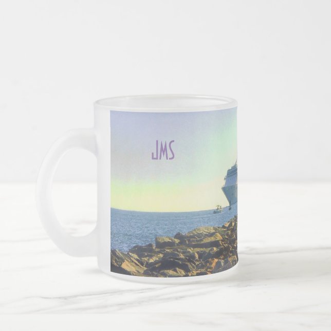 Cruise Ship Passing Jetties Monogrammed Frosted Glass Coffee Mug (Left)