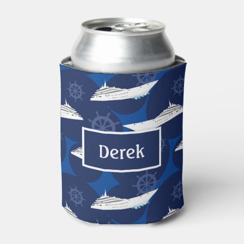 Cruise Ship Patterned Blue Personalised Can Cooler