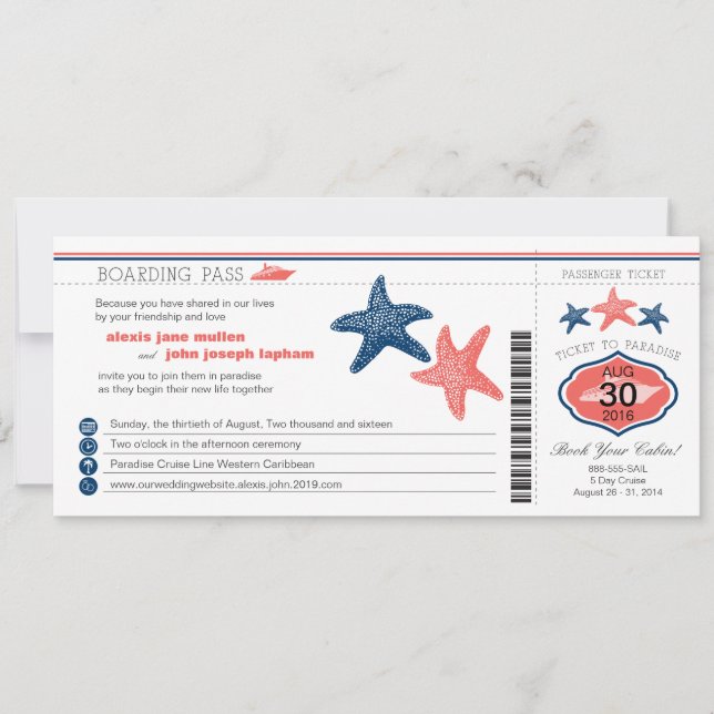 Cruise Ship Starfish Boarding Pass Wedding Invitation (Front)