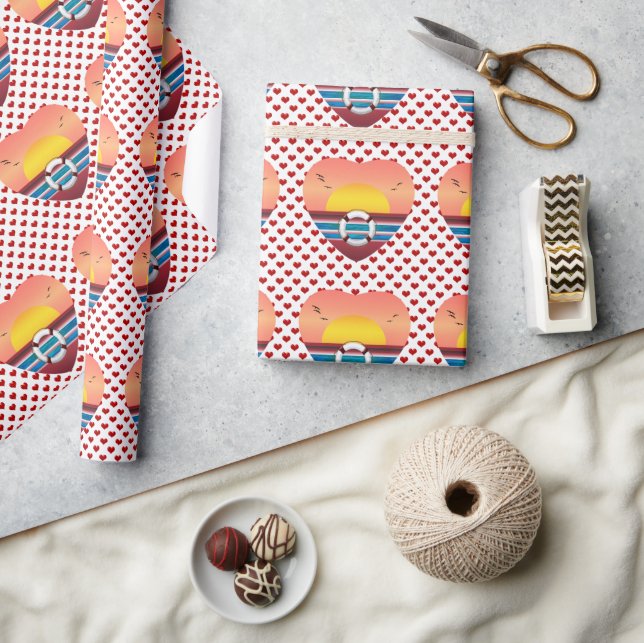 Cruise Ship Sunset Hearts Nautical Wrapping Paper (Crafts)
