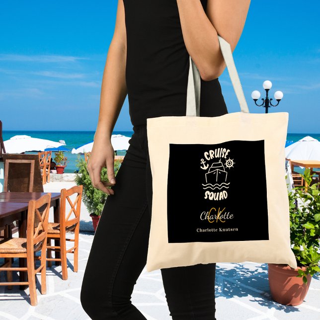 Cruise squad black white monogram name tote bag (Creator Uploaded)