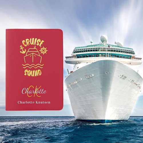 Cruise squad red gold monogram name passport holder
