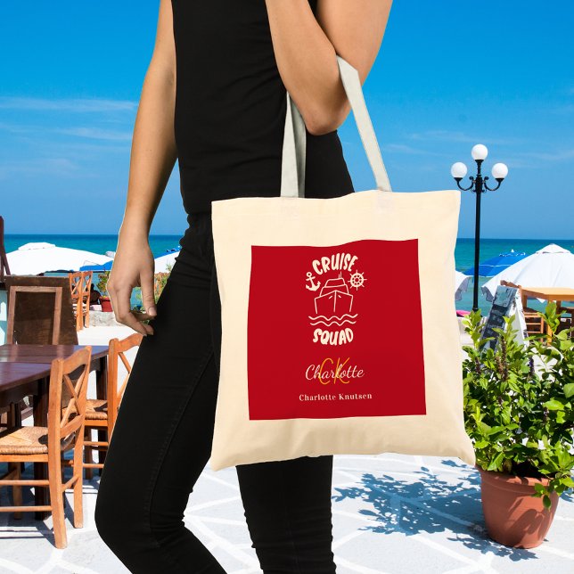 Cruise squad red white monogram name tote bag (Creator Uploaded)
