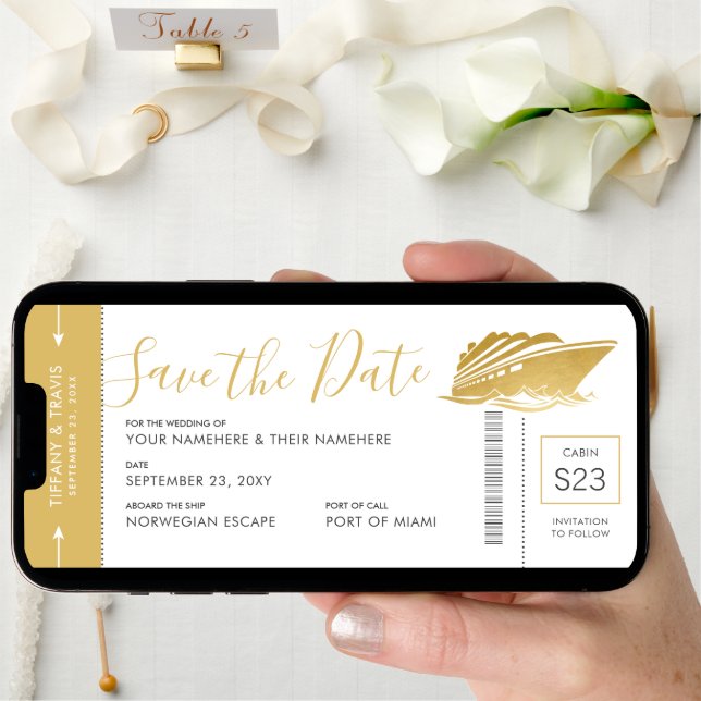 Cruise Wedding Boarding Pass Ticket Gold Yacht Save The Date (Front Digital)