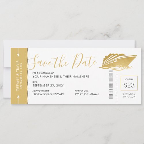Cruise Wedding Boarding Pass Ticket Gold Yacht Save The Date