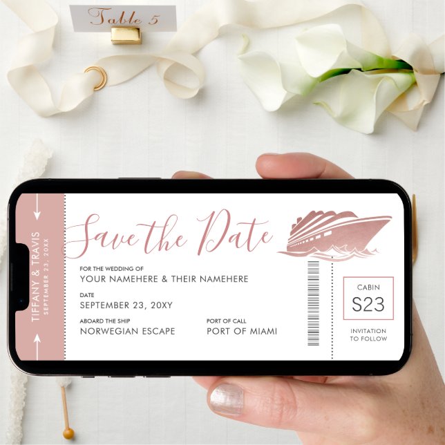 Cruise Wedding Boarding Pass Ticket Rose Gold Pink Save The Date (Front Digital)
