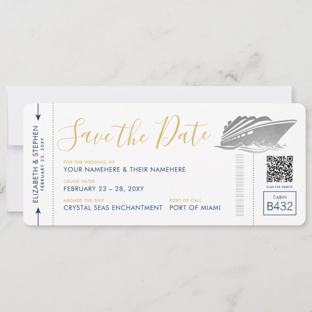 Cruise Wedding Ticket Silver Boarding Pass Save The Date (Front)
