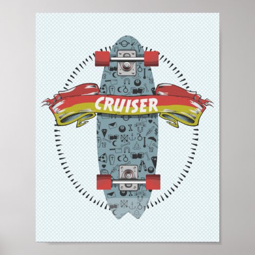 Cruiser Skateboard stick poke tattoo design Poster