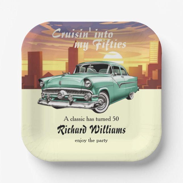 Cruising Classic Retro Car City 50th Birthday Paper Plates (Front)