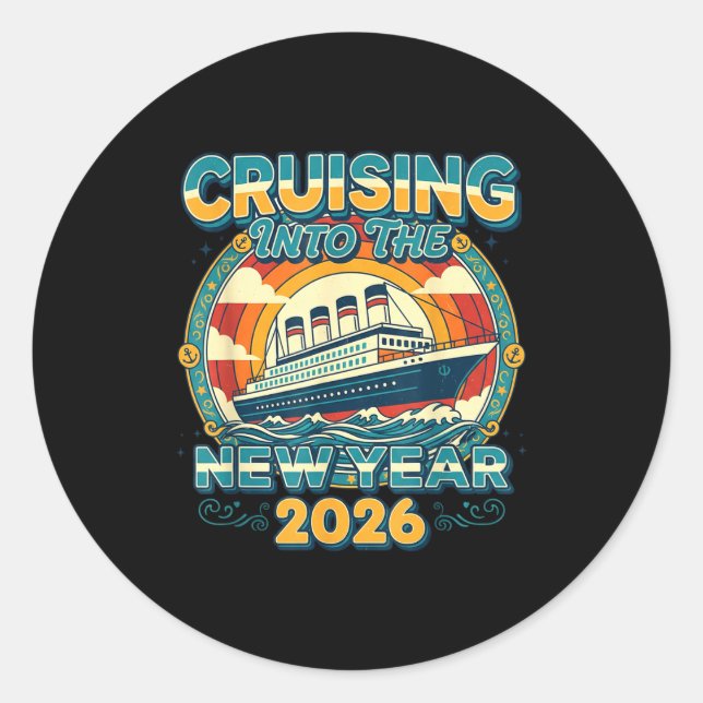 Cruising Into 2026 New Year Eve Celebration Family Classic Round Sticker (Front)