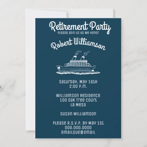 Cruising Into Retirement Blue Party Simple Modern Invitation