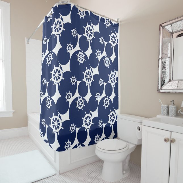 Cruising Ship's Wheel Nautical Blue and White Shower Curtain (In Situ)