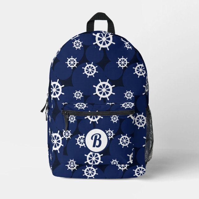 Cruising Ship's Wheel Nautical Monogram Printed Backpack (Front)