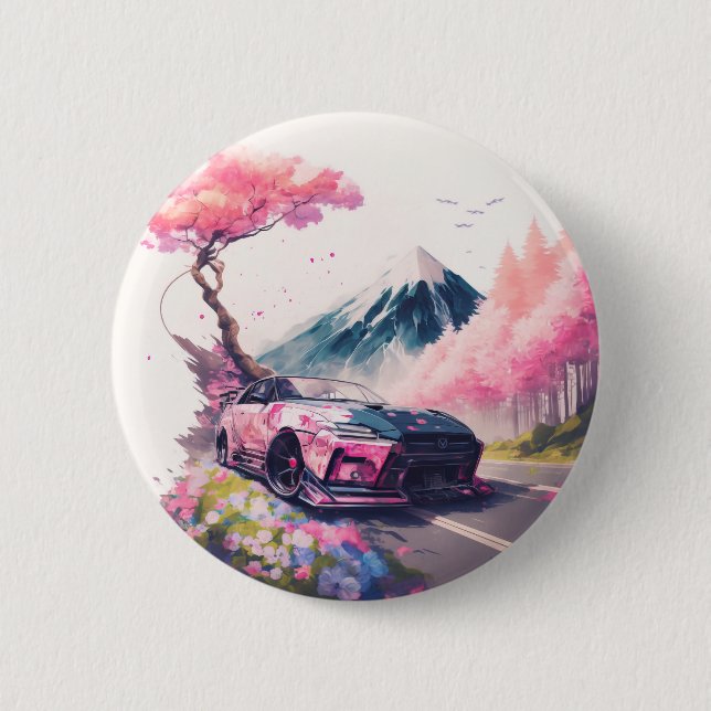 Cruising Through Cherry Blossom Landscape Button (Front)