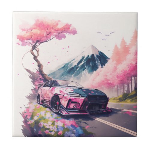 Cruising Through Cherry Blossom Landscape Ceramic Tile