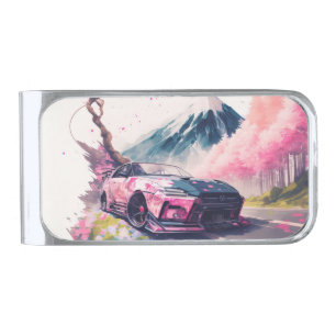 Cruising Through Cherry Blossom Landscape Silver Finish Money Clip
