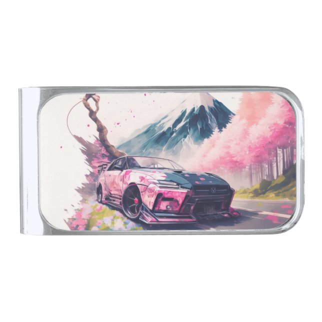 Cruising Through Cherry Blossom Landscape Silver Finish Money Clip (Front)