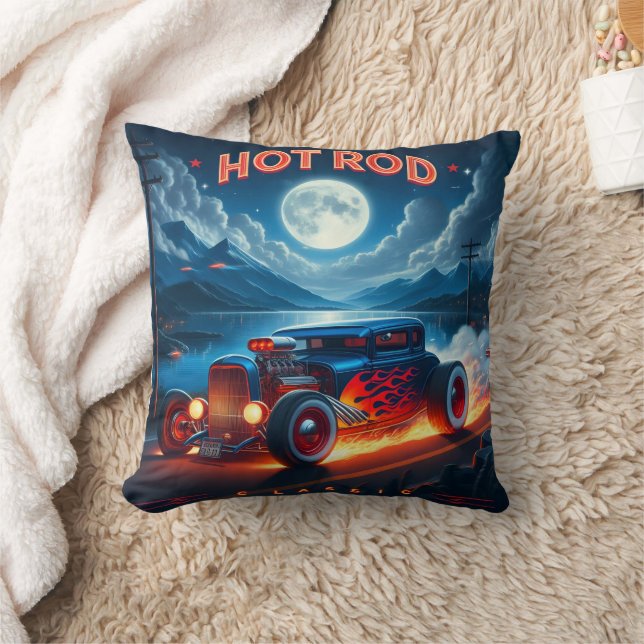 Cruising under the moonlight in a classic hot rod throw pillow (Blanket)