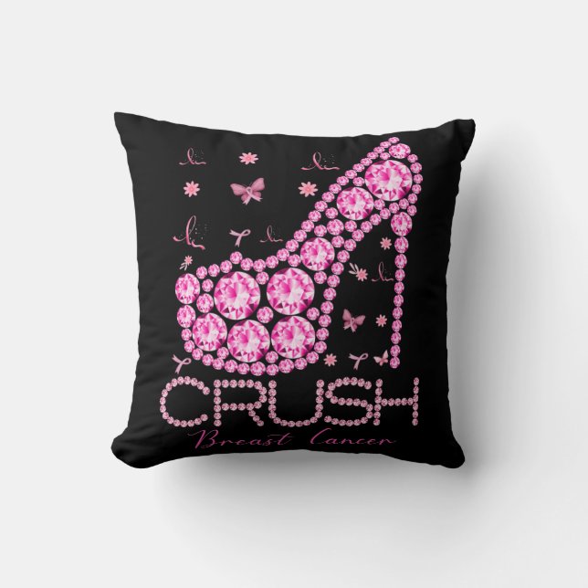 Crush Breast Cancer Awareness Bling Pink Ribbon Throw Pillow (Front)