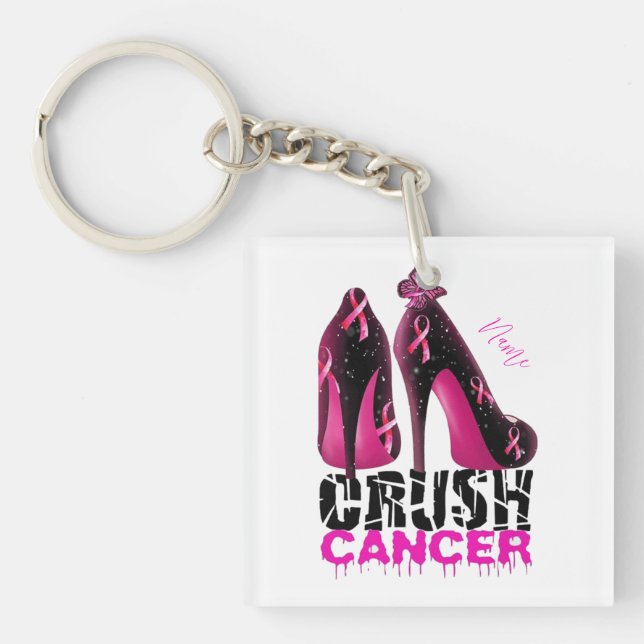Crush Breast Cancer Awareness name customized Keychain (Front)