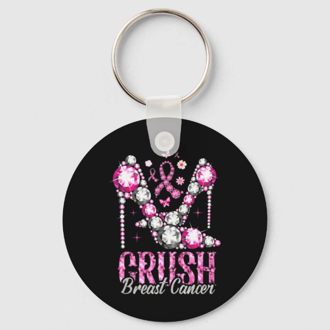 Crush Breast Cancer Pink Bling High Heels Ribbon  Keychain (Front)