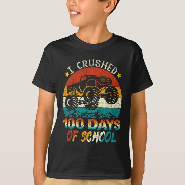 Crushed 100 Days Of School Monster Truck Kids Boys T-Shirt (Front)