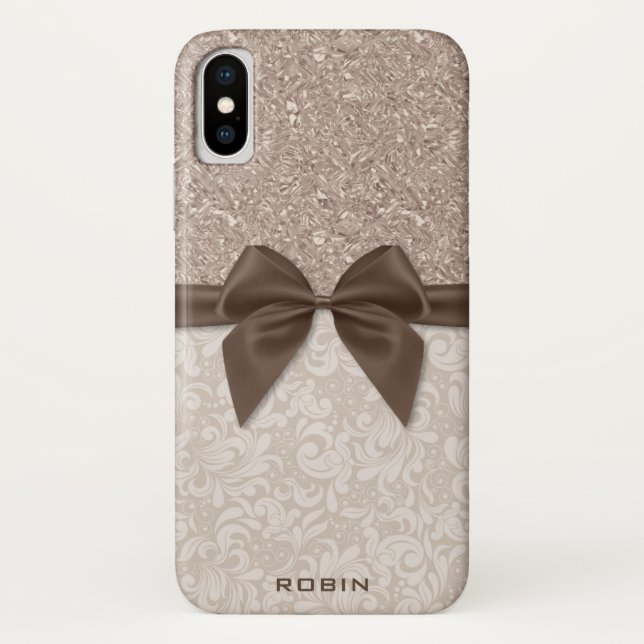 Crushed Champagne Gems, Beige Damask and Ribbon Case-Mate iPhone Case (Back)