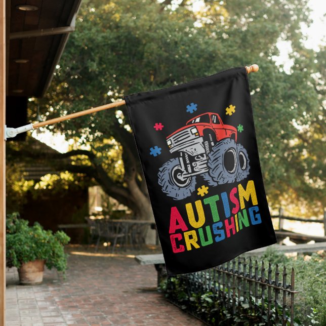 Crushing Autism Monster Truck Awareness Boy Girl House Flag (In SItu)