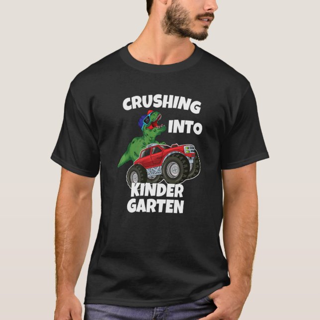 Crushing into Kindergarten Monster Truck Dinosaur  T-Shirt (Front)