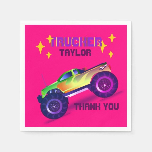 Crushing It MONSTER TRUCK Girls Pink Thank You Napkins (Front)