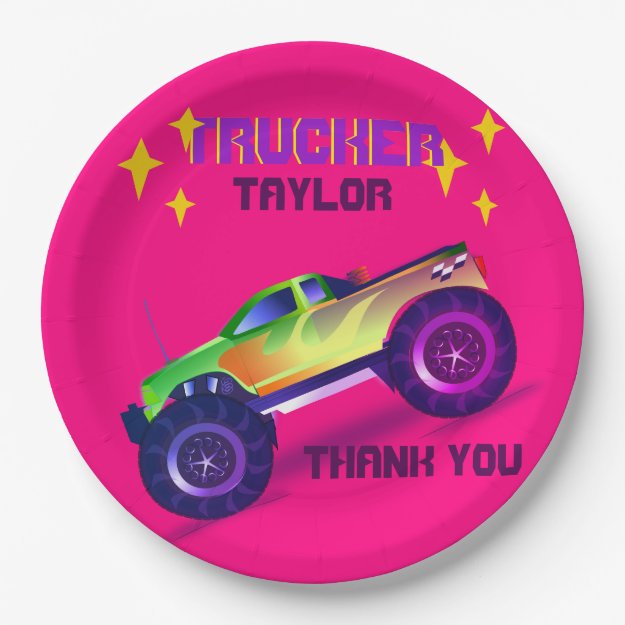 Crushing It MONSTER TRUCK Girls Pink Thank You Paper Plates