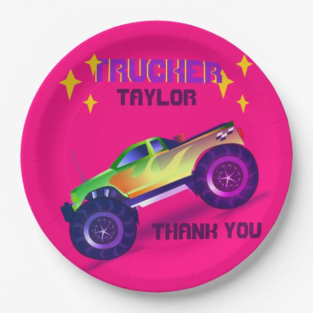 Crushing It MONSTER TRUCK Girls Pink Thank You Paper Plates (Front)