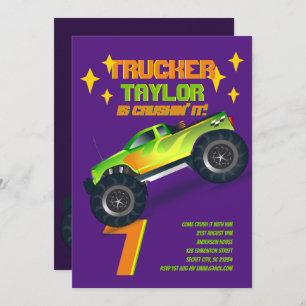 CRUSHING IT Monster Truck Neon Birthday Party Kids Invitation