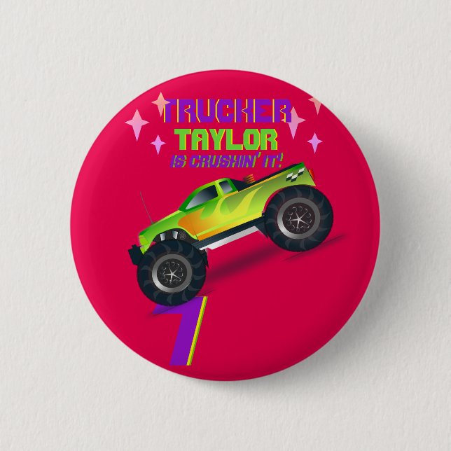 Crushing It MONSTER TRUCK PINK Birthday AGE NAME Button (Front)